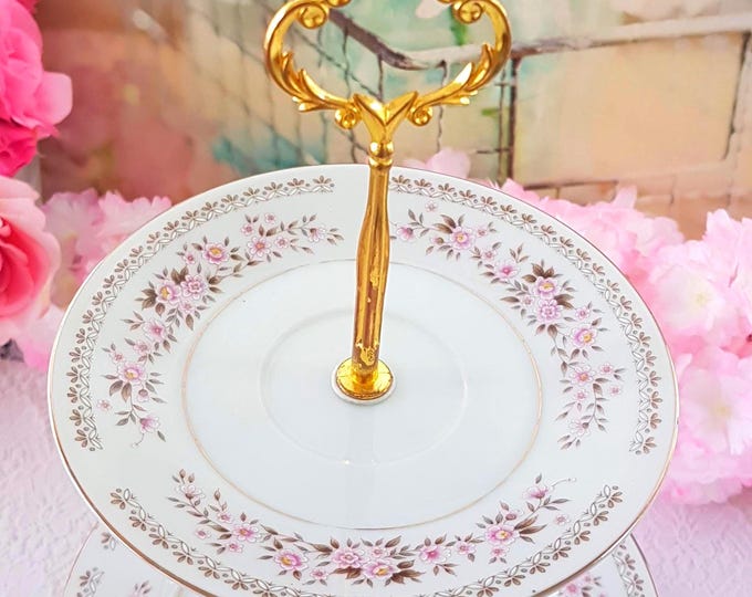 Pink Floral 3 Tier Cake Stand Handmade Tiered Serving Tray for Tea Parties or Wedding Decor