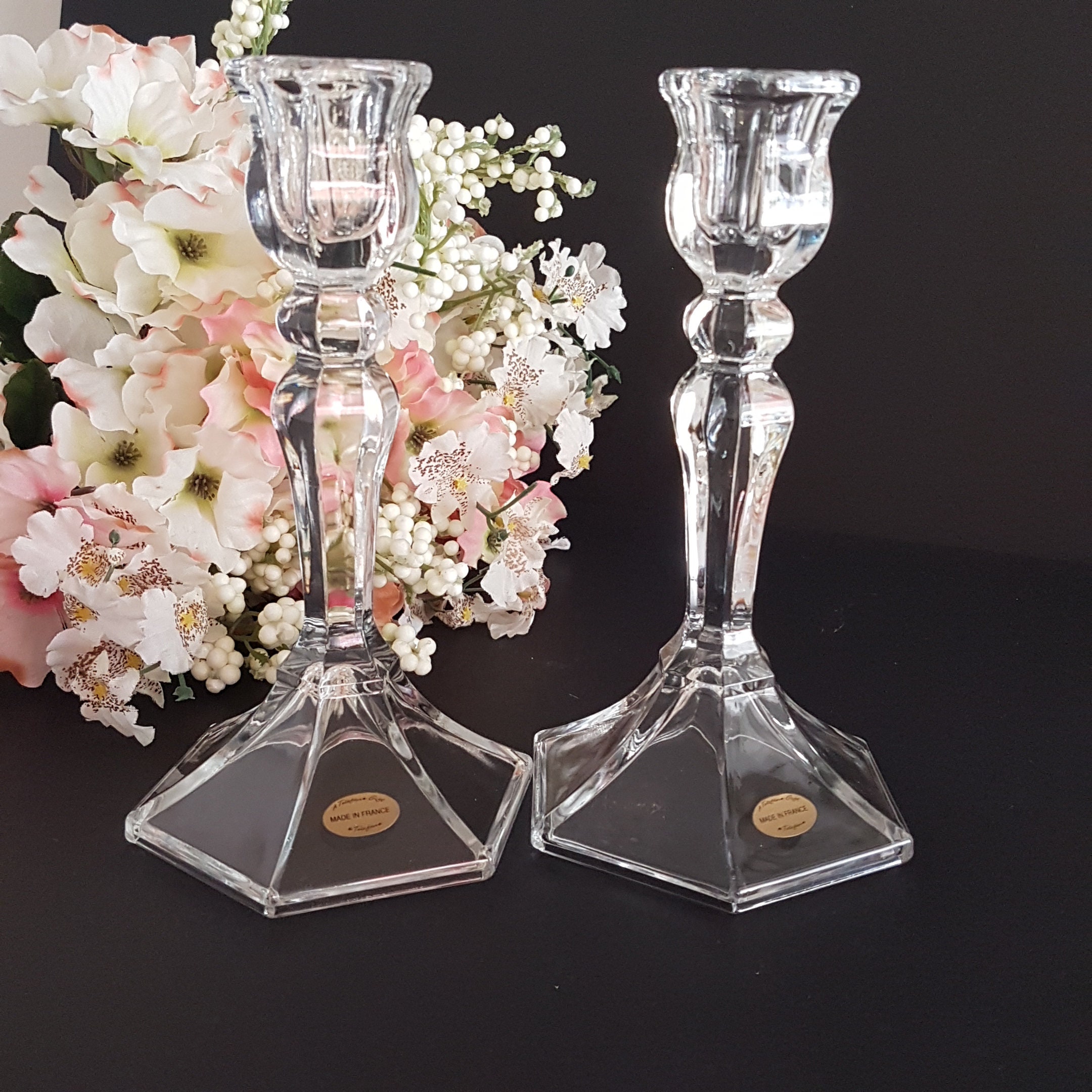 French Crystal Candlestick Holders, Pair of 7.5 Tulip Shaped Taper