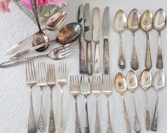 Eclectic Silverplated Flatware Set: Mismatched Dinner Cutlery for 4 with Serving Utensils