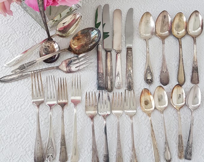 Eclectic Silverplated Flatware Set: Mismatched Dinner Cutlery for 4 with Serving Utensils