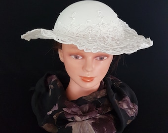 Vintage White Wedding Hat, Wide Lace Brim, 21 inch or 53 cm - FREE Shipping