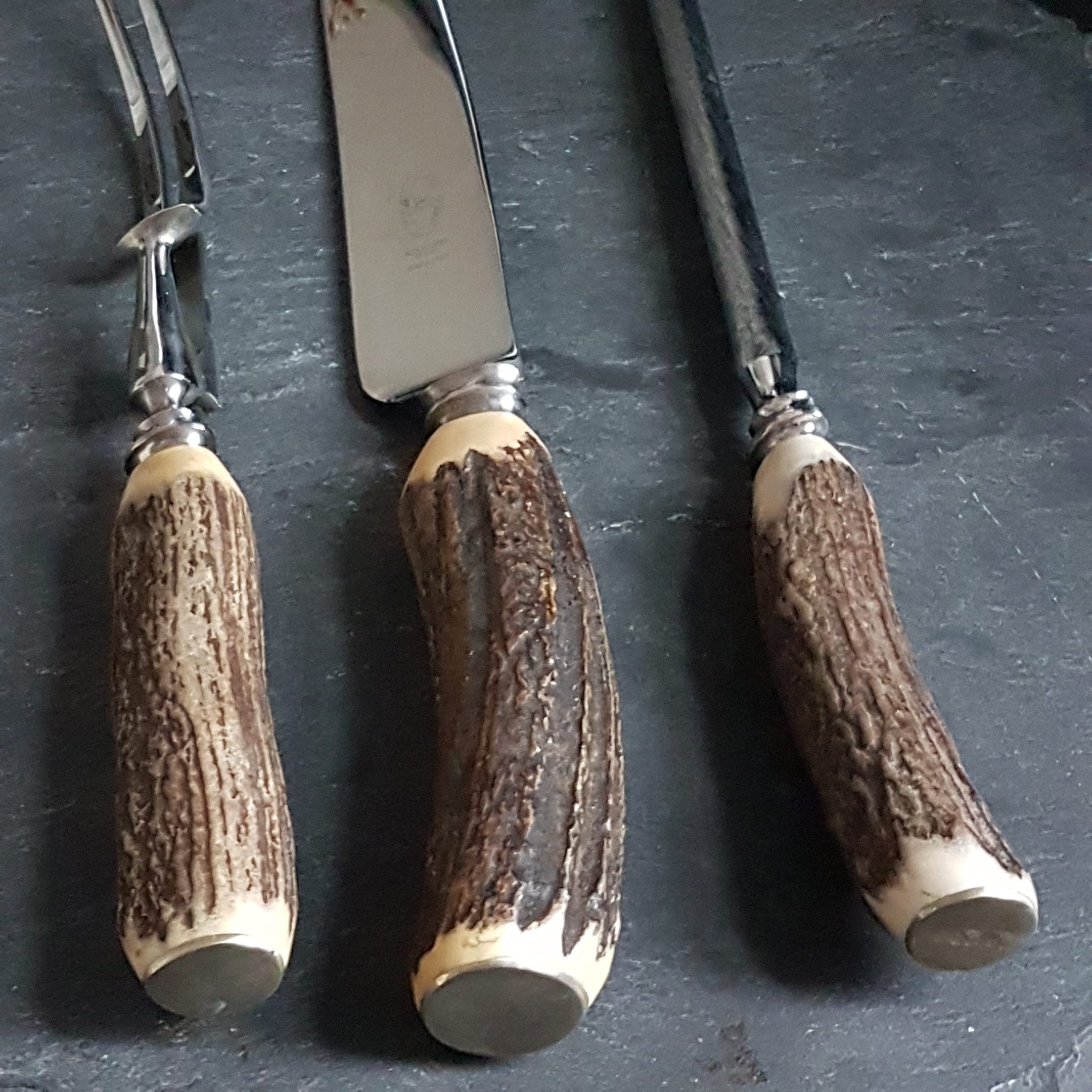 Vintage Genuine Antler Handle 3pc Meat Carving Set, Atkinson Brothers