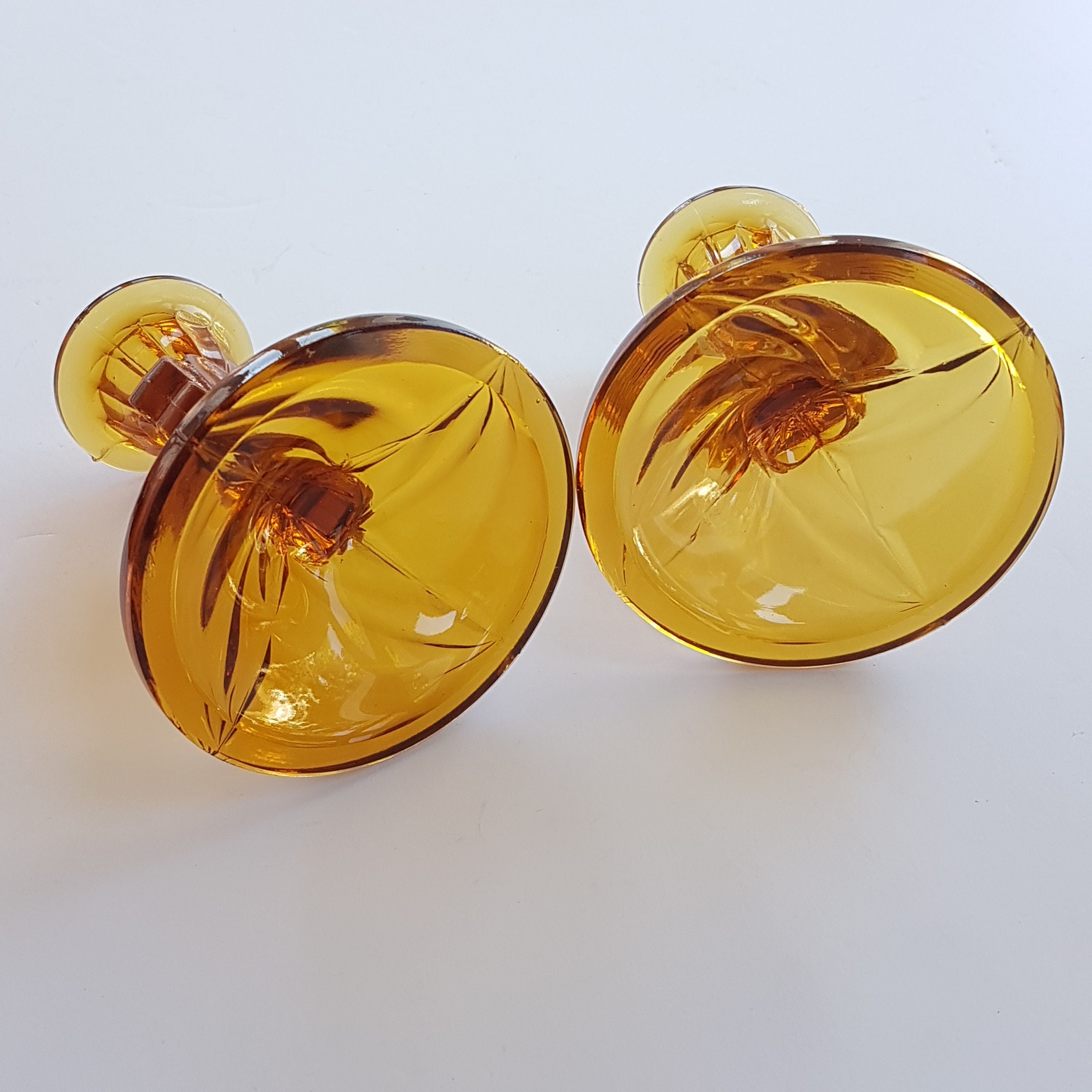 Amber Glass Candlesticks, Daisy Flower Stem, Bagley Glass, Made in USA