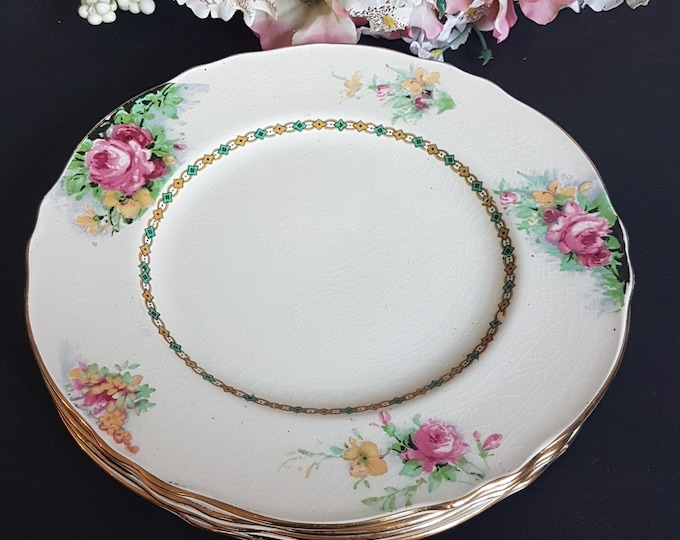 Royal Winton Grimwades, 8 Inch Dessert Plates, Set of 4, Pink Cabbage Roses, Yellow Flowers, Made in England, 1930s