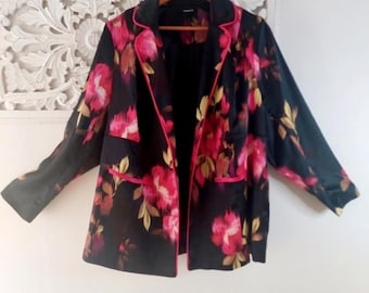 Vibrant Floral Satin Blazer 2XL Plus Size Open Jacket - Relaxed Fit