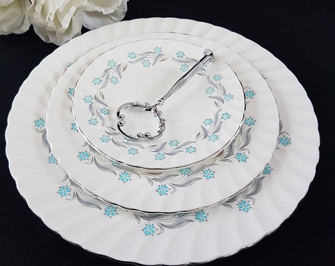 3 Tier Cake Stand, EB Foley PRELUDE Bone China Plates, Blue Flowers, Silver Edge, Wedding Decor, High Tea Stand