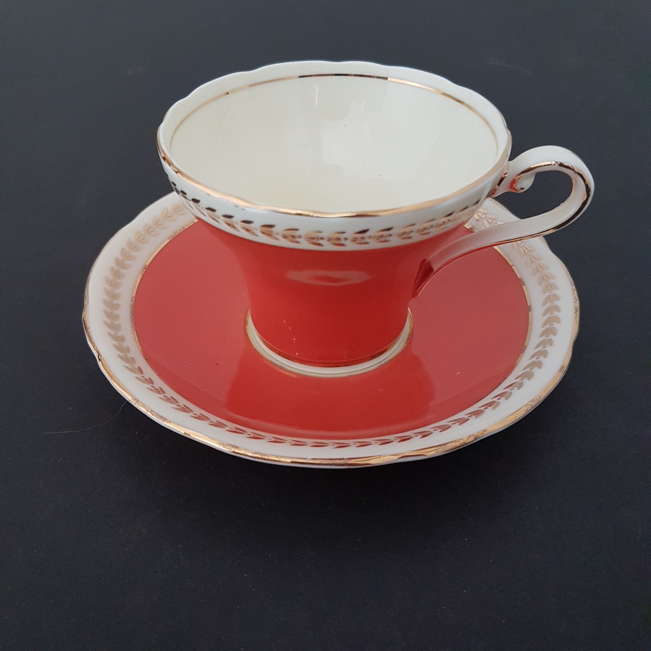 Vintage Aynsley Coral Orange Corset Tea Cup and Saucer, Gold Gild Leaf ...