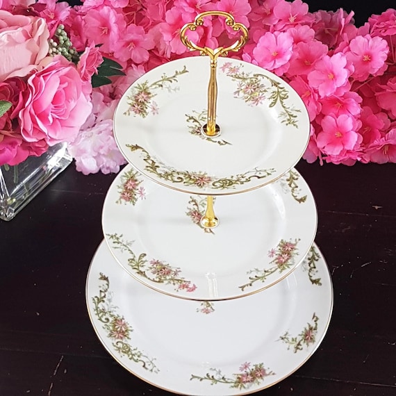 Vintage Limoges Porcelain 3-Tier Cake Stand Pink Floral Wedding Serving Tray Afternoon Tea Display