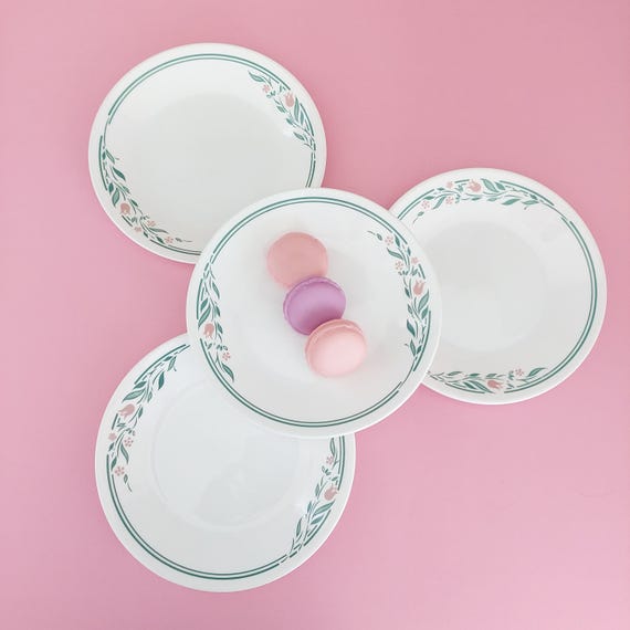 Vintage Corelle Rosemarie 6.75" Plates Set of 4, Pink Tulip Cottagecore Bread Dishes