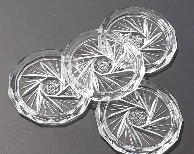 Pinwheel Crystal Coasters, Vintage Clear Pressed Glass, Drink Coaster Set of 4