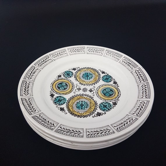 Vintage Kathie Winkle CAROUSEL Side Plate Set, 6-inch Teal and Yellow Ironstone Dinnerware, 1960s