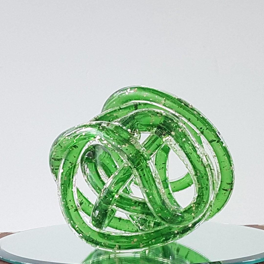 Vintage Green Abstract Glass Orb, Infinity Knot Sculpture, 5 Inch Blown