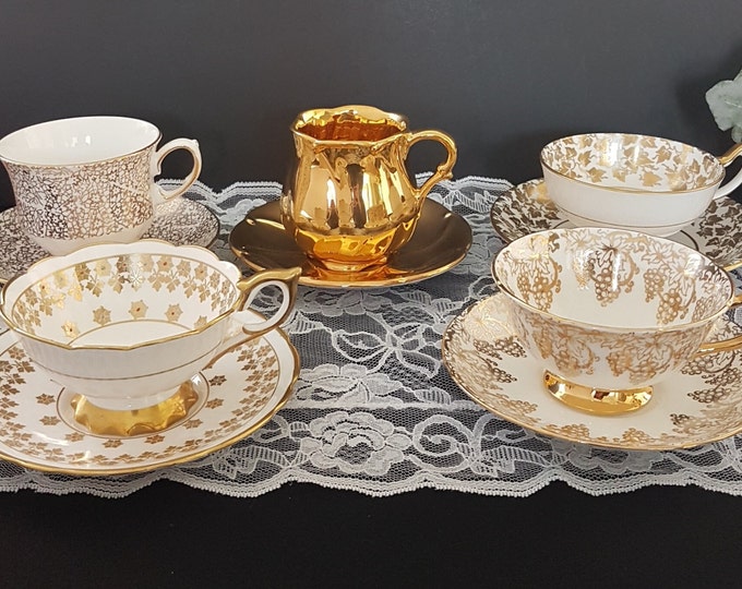 LOT of 5 Mismatched Tea Cups and Saucers, Bulk Vintage English Bone China, High Tea, Bridal Shower, Baby Shower, Golden Teacups