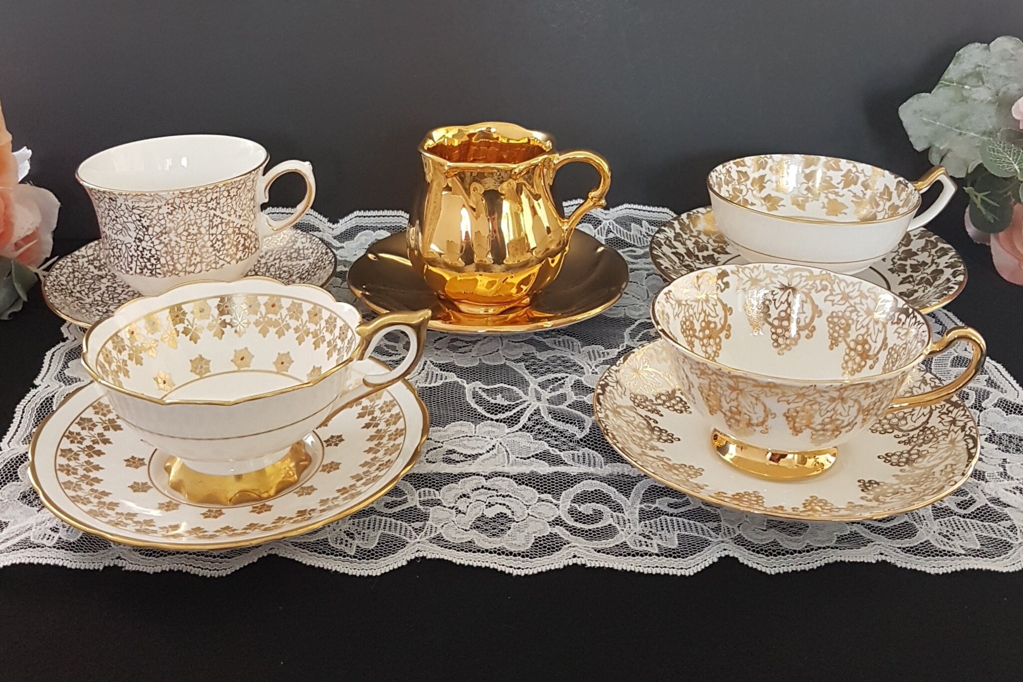 LOT of 5 Mismatched Tea Cups and Saucers, Bulk Vintage English Bone