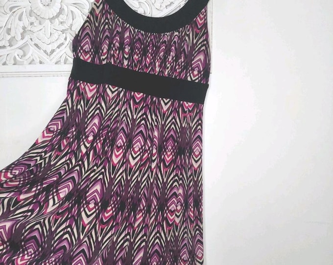 Vintage Petite Size 14 Purple Pink Black Chevron Sleeveless A-Line Dress Wedding Guest Spring Summer