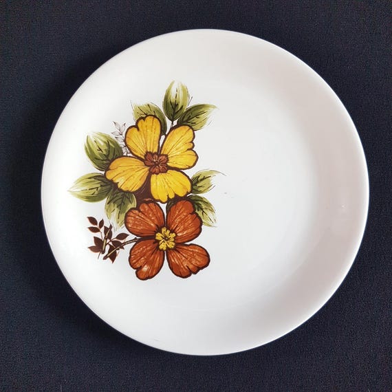 Vintage Myott Ironstone Woodstock Plate Set, 1970s Retro Yellow Orange Daisy Flower, MCM England