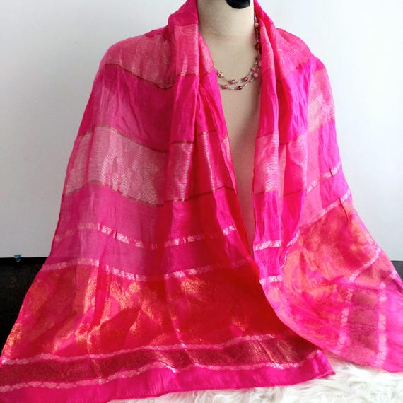 100% Pure Silk Saree Shoulder Wrap Scarf - Elegant Pink Women's Shawl Wedding Birthday Gift