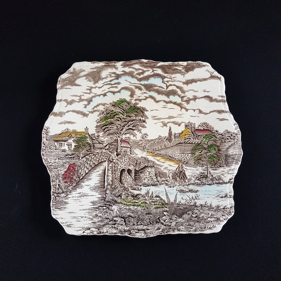 Vintage Myott England Charm Transferware Square Serving Platter 10.5 Inch Ironstone Dinnerware Staffordshire Farmhouse