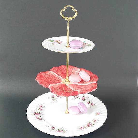 Handcrafted 3 Tier Mismatched Bone China Cake Stand Red Poppy Tea Party Dessert Tower