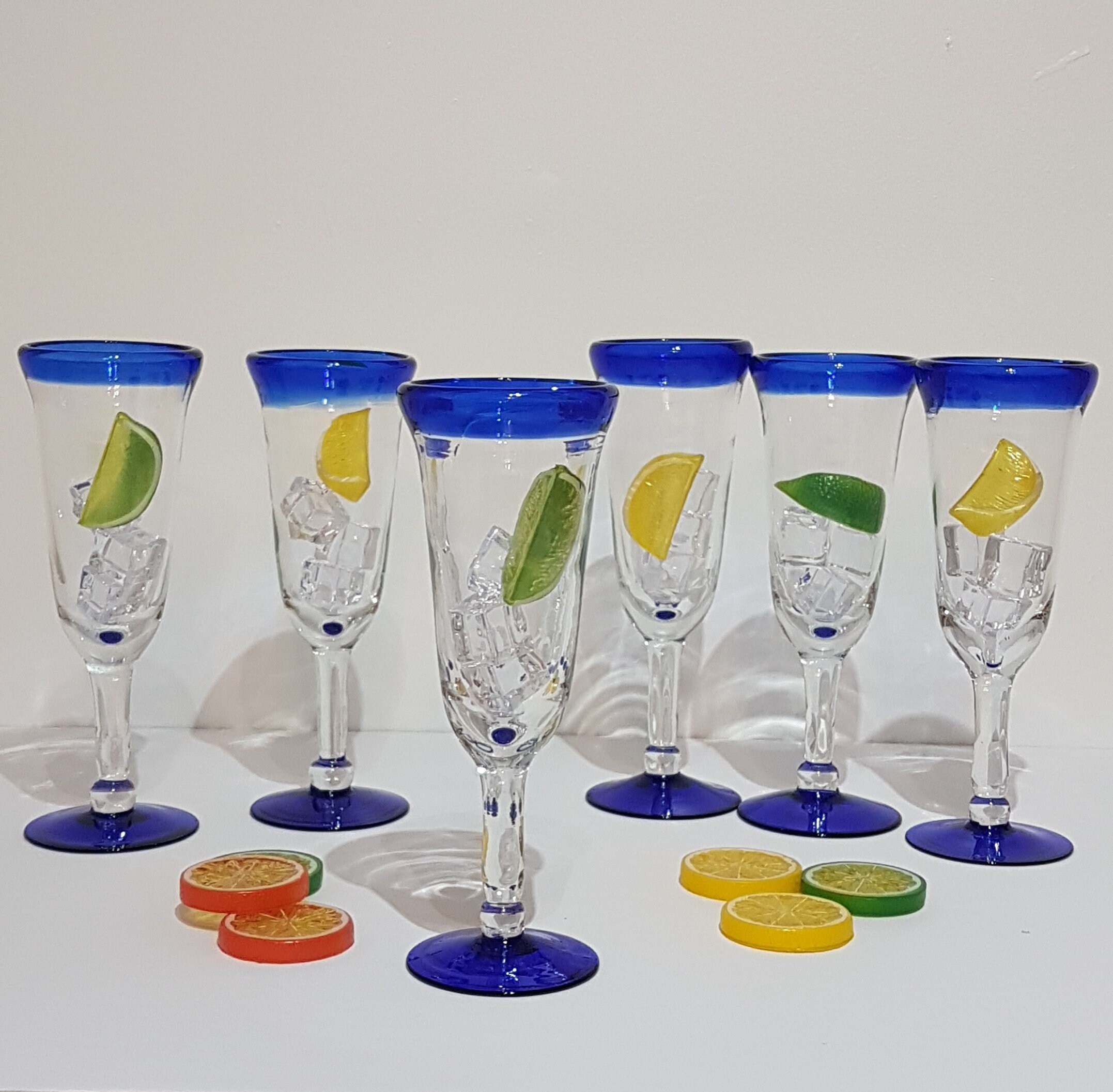 Handblown Recycled Tall Wine Glasses - Set of 6 - Cobalt Spiral