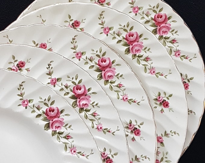 Set of 5 Ridgway Pottery ROSE MARIE Ironstone Dessert Plates, 6.25 Inch, Pink Rose Swags, Swirled, Made in England, 1970s