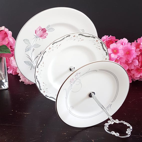 Bone China 3-Tier Pink Silver Cake Stand Dessert Serving Centerpiece Wedding Afternoon Tea Party