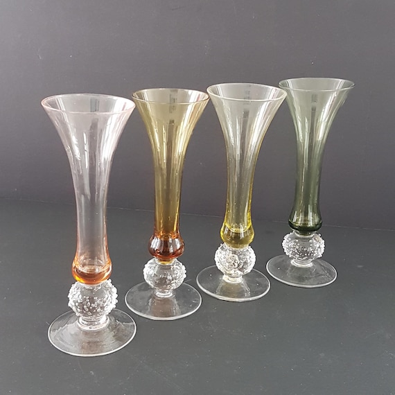 Vintage Bombay Hand Blown Cordial Glass Set, Colorful Icy Ball Stemware, Set of 4