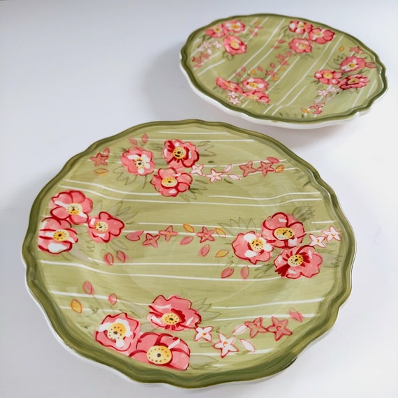 Pier 1 Imports Audrey Pink Floral Sage Green 8.5 Salad Replacement Plates Set 2