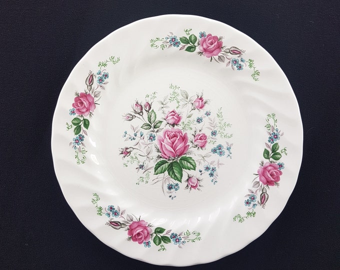 Vintage Wood & Sons BRIAR ROSE Dessert Plates, Set of 4 English Ironstone, Pink Rose, Swirl Rim, Made in England, 1970s