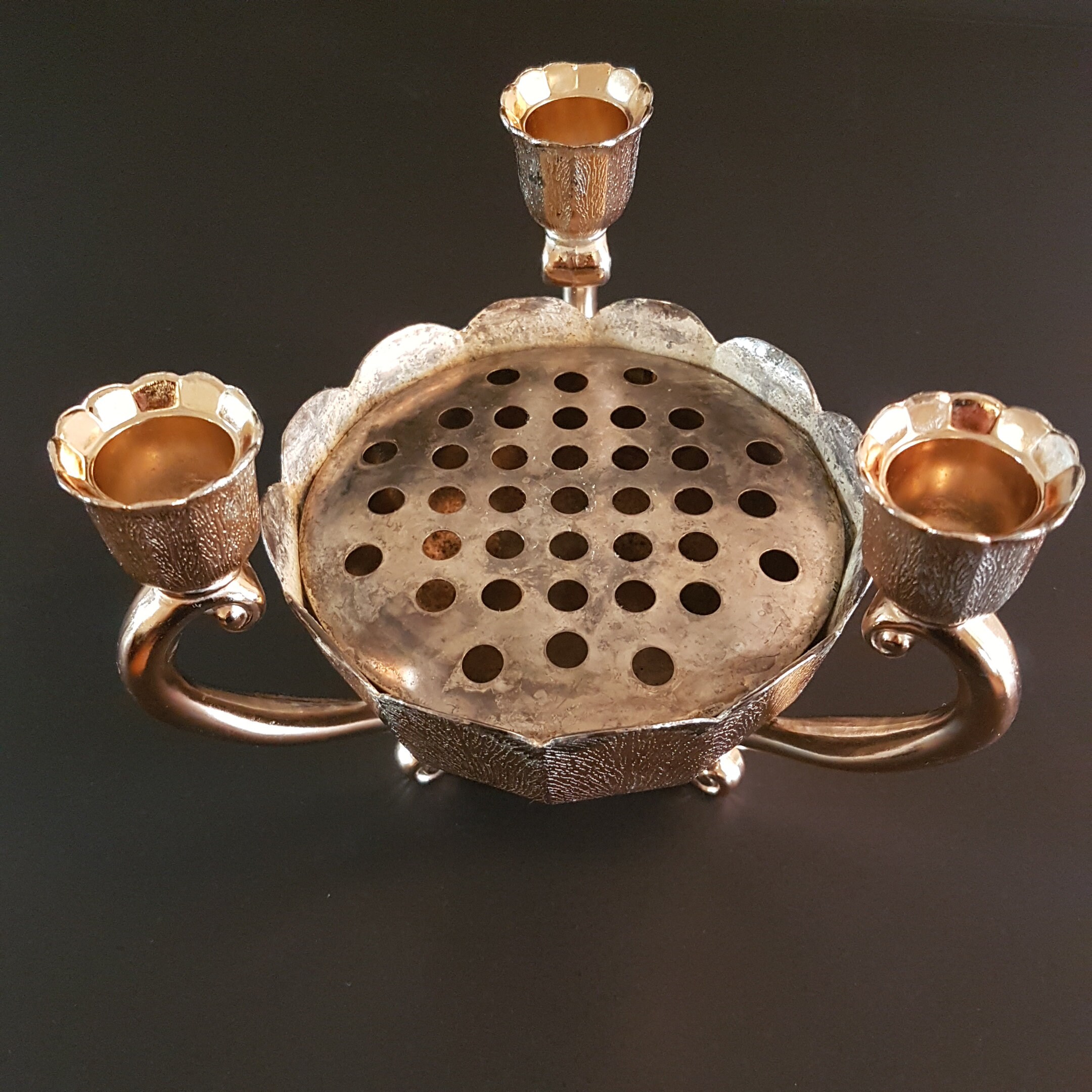 Vintage Lotus Flower 3 Taper Candlestick with Flower Frog, 3 Arm