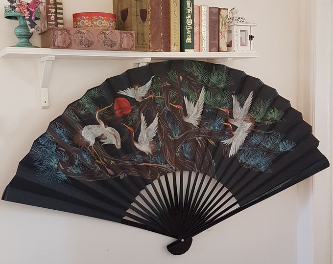 Vintage Large Japanese Decorative Wall Fan, 70 inch, Hand Painted White Crane Birds, Paper Wood