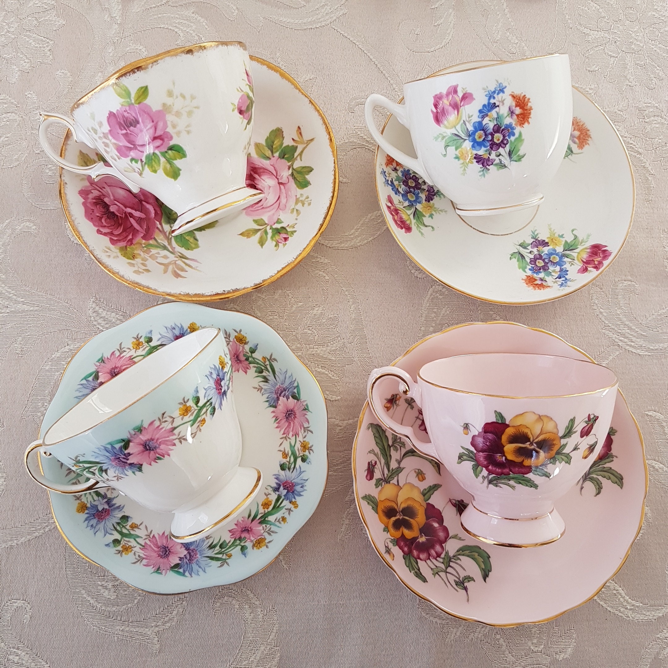 LOT of 4 Mismatched Tea Cups and Saucers, Bulk Vintage English Bone