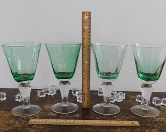 PAIR Awesome Artland 8-inch Blown Glass Goblets Forest Green & Clear 