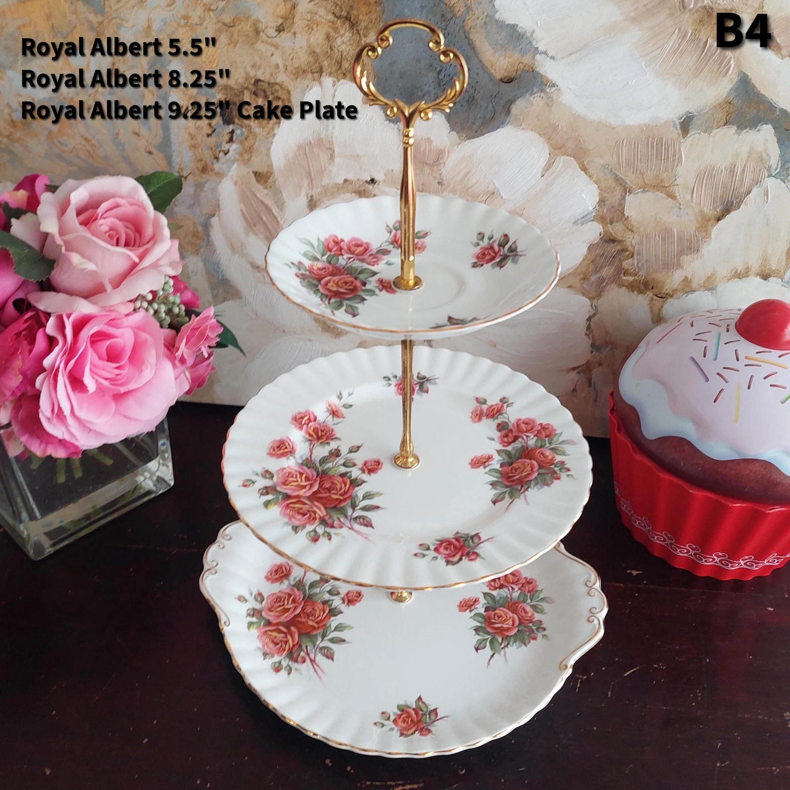 3 Tier Cake Stand Vintage English Bone China Tiered Tray Afternoon Tea Decor - B4, Gold
