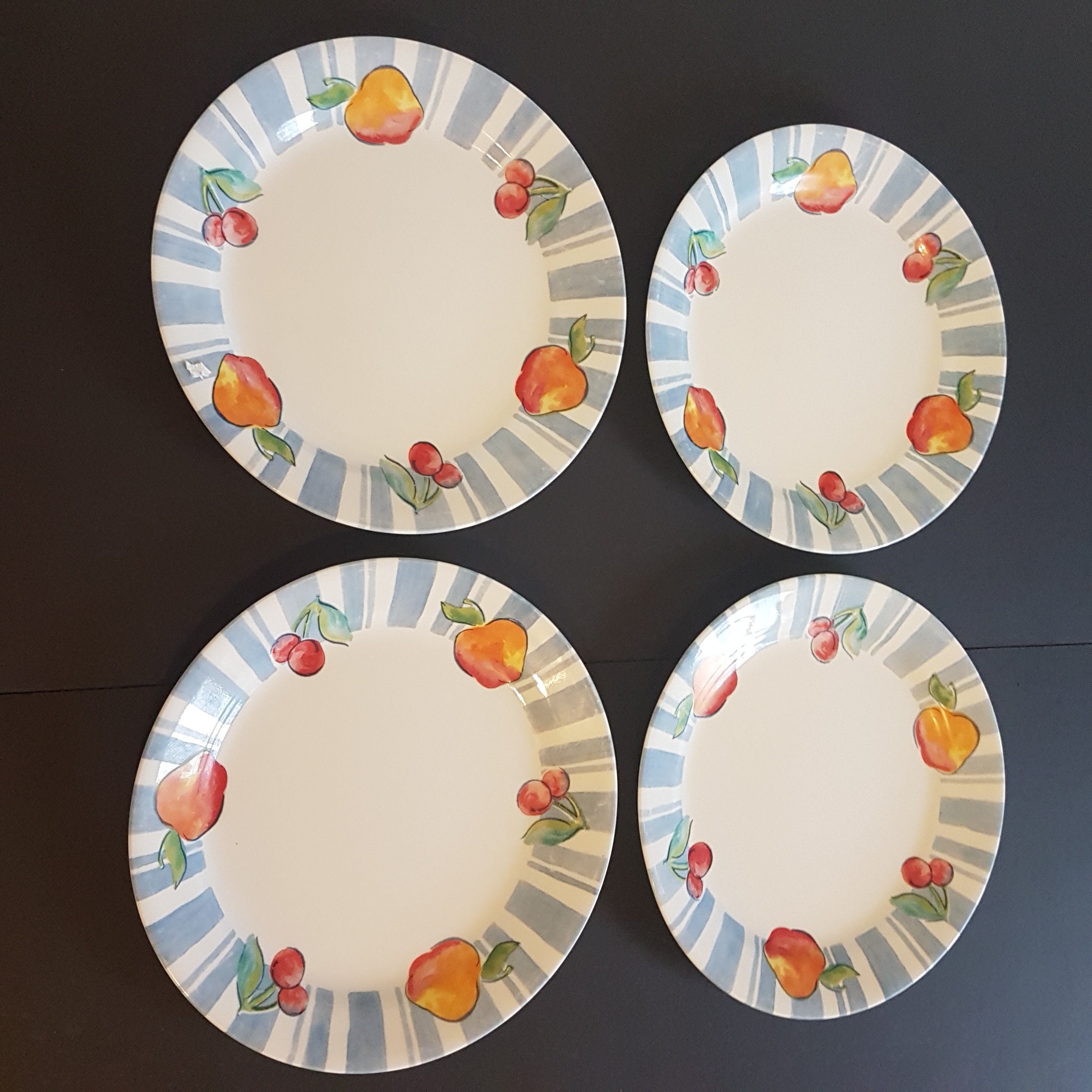 Corelle 9 Apple Peach Cherry Dinner Plates, Set of 4, Corelle Fruit Basket, Blue Band Rim
