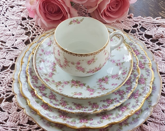 Tea Cup Trio + 2 Plates, 5 Piece Set, Antique MZ Austria Pink Cabbage Rose Cup & Saucer, Limoges Porcelain Plate Set, Tea Lover Gift Set