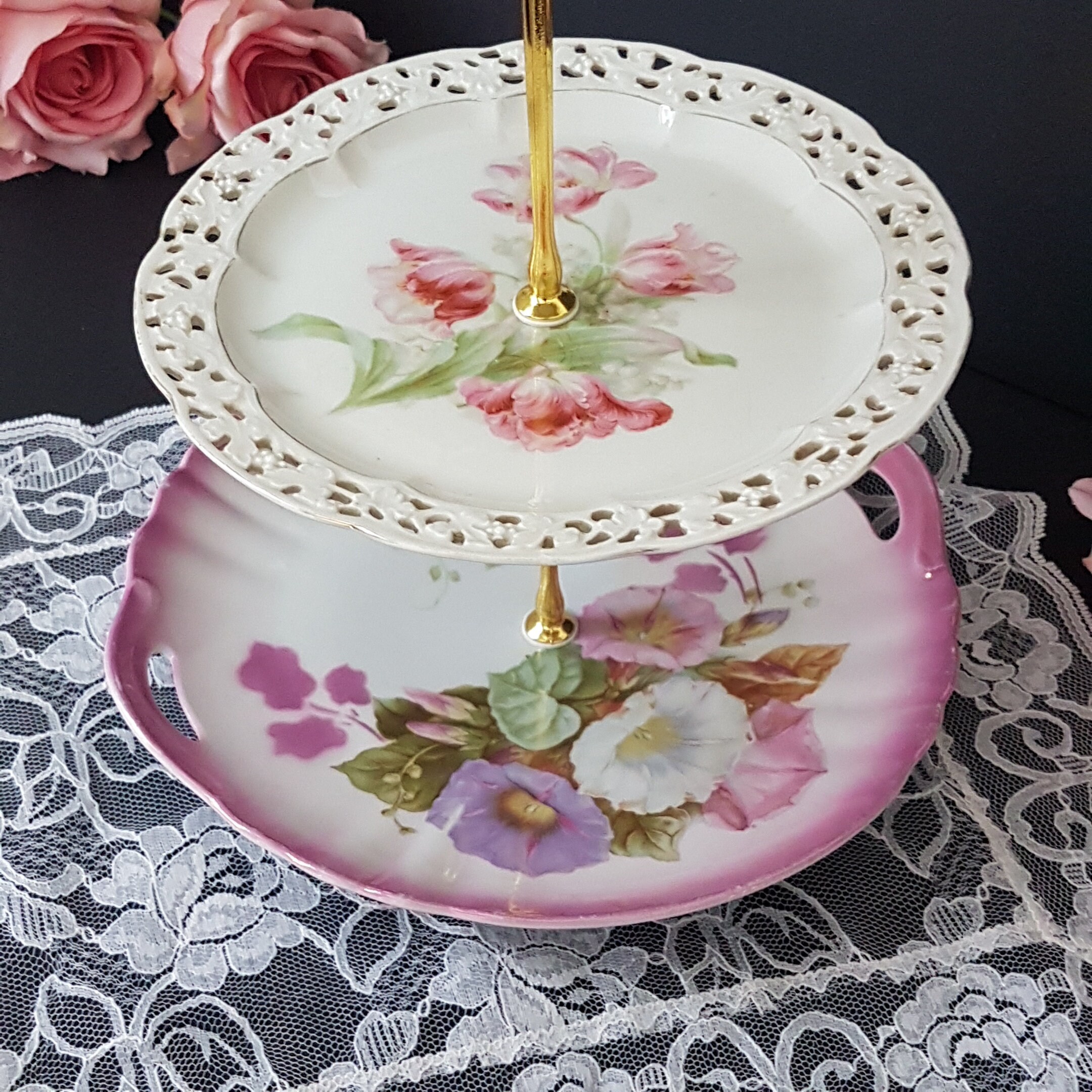 3 Tier Cake Stand, Mismatch China, Floral Vintage Plates, Morning Glory