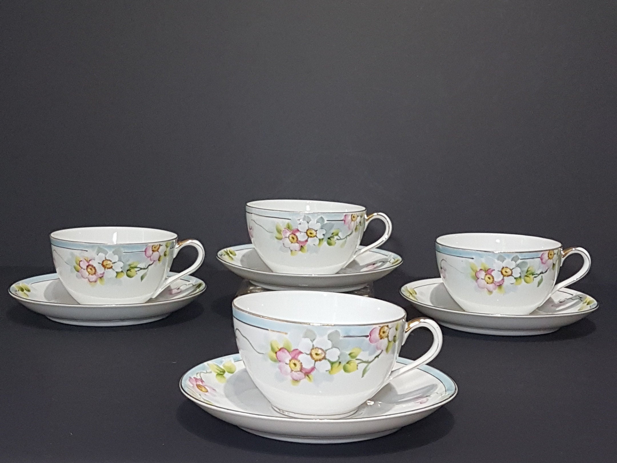 Vintage Tea Cup and Saucer, Set of 4, Pink Cherry Blossoms, Hand