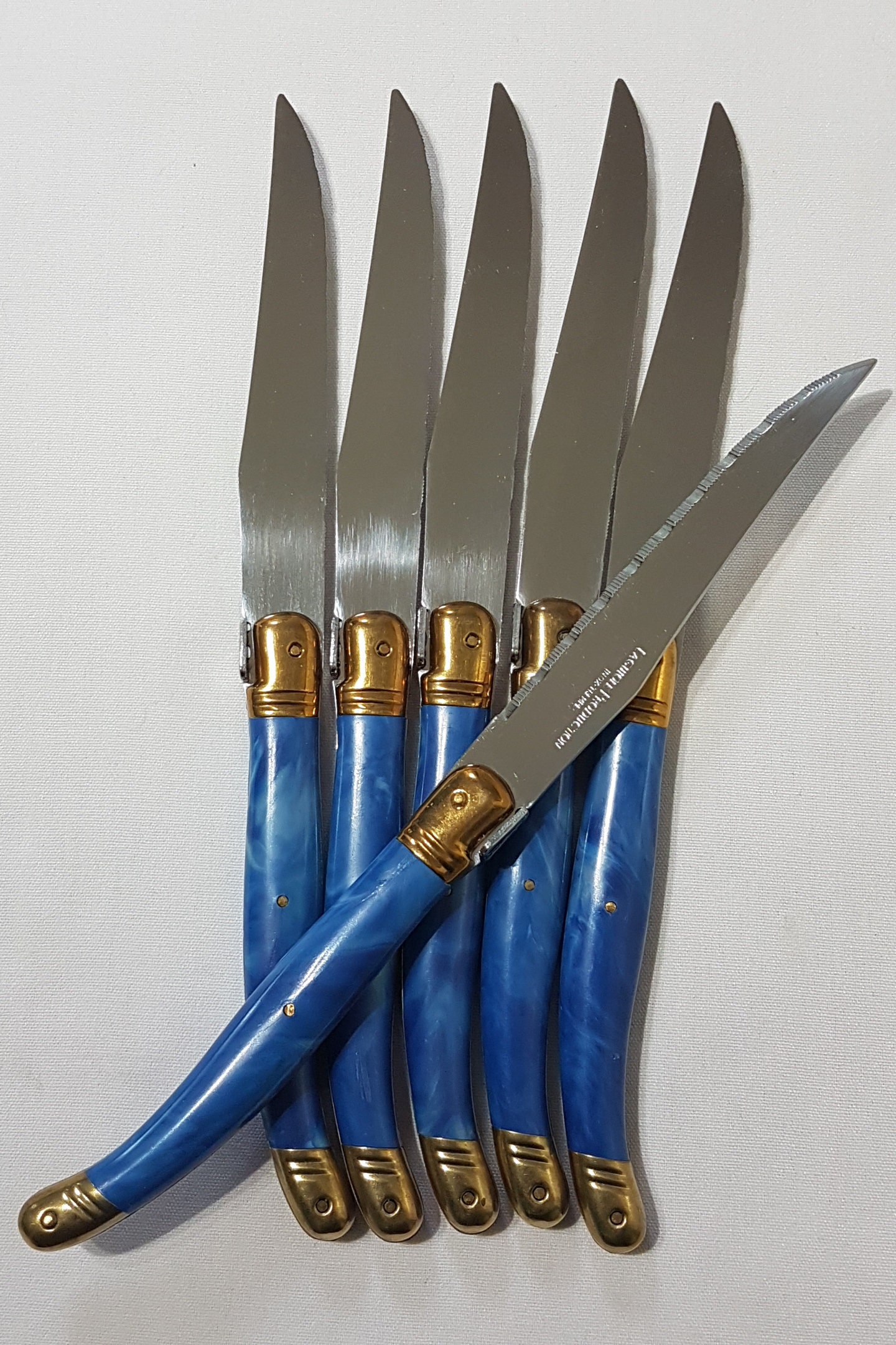 French Laguiole Steak Knife Set, Faux Blue Marble