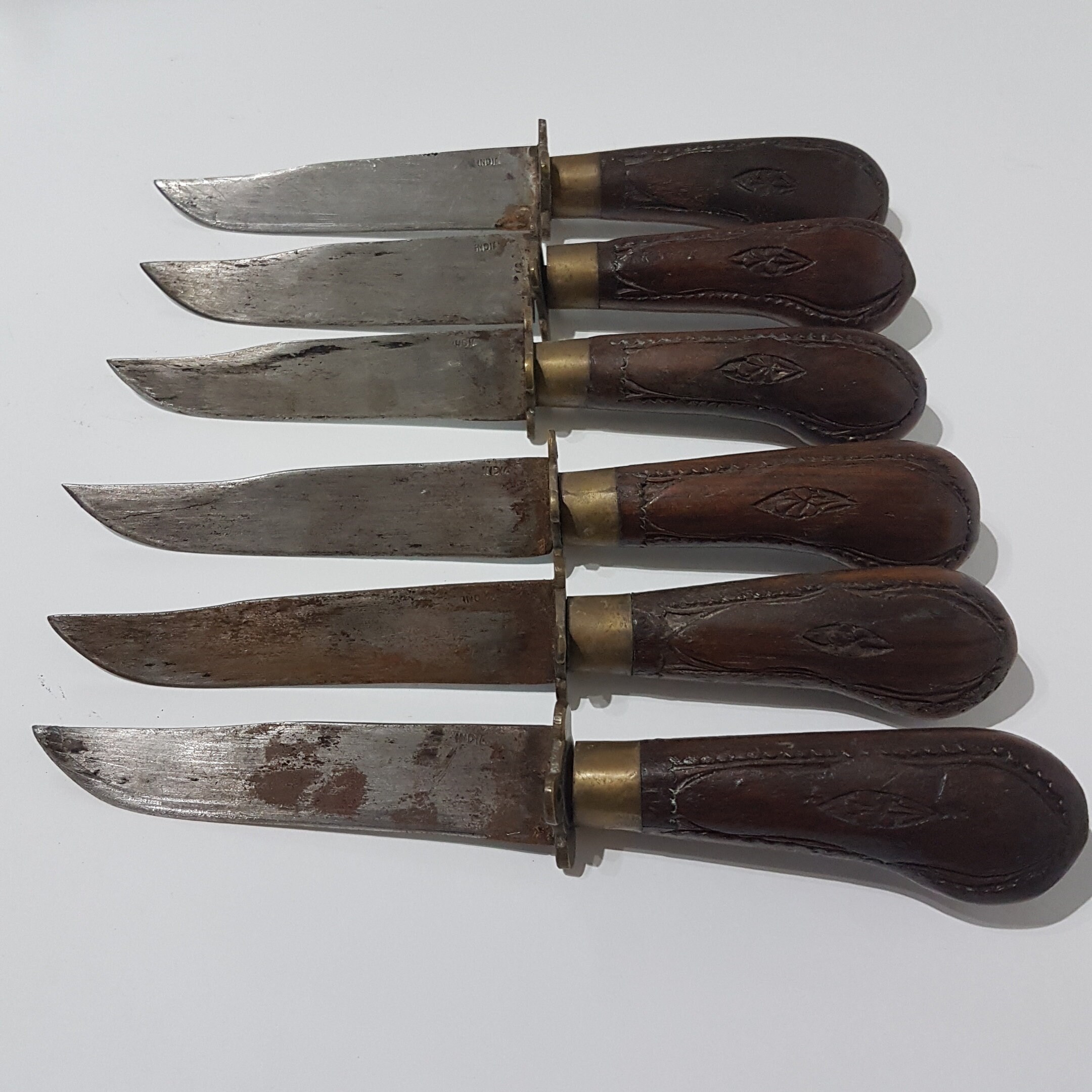 Vintage Ornate 6pc Steak Knife Set, Wooden Hand Carved Handles with