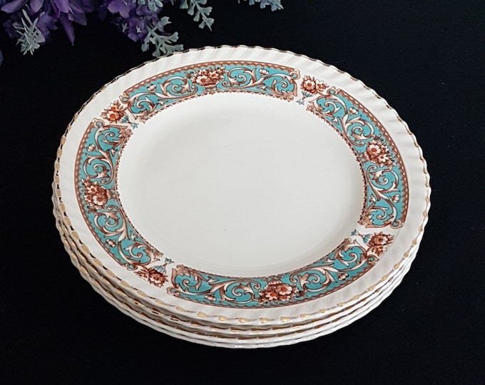 Johnson Brothers Side Dessert Plates, 6.25 Inch, Set of 4, Teal Blue, Brown Rust Scrolls, Old English Shape, Made in England
