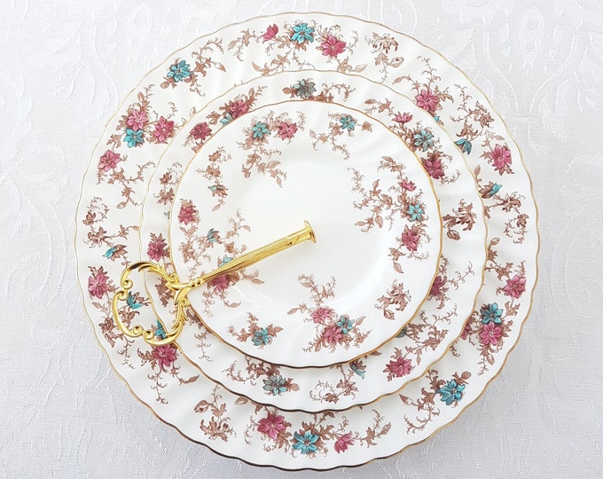 3 Tier Cake Stand, Minton ANCESTRAL Bone China Plates, Pink Blue Flowers, Brown Leaves, Tea Party, Serving Tray