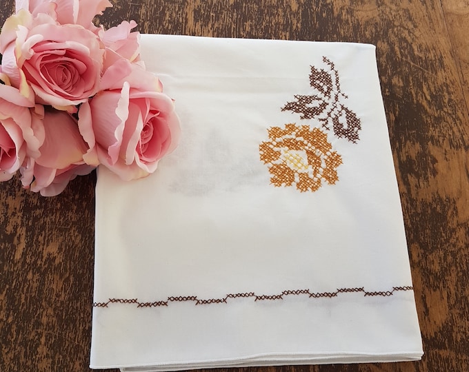 Vintage Hand Embroidered Tablecloth, 42 Inch Square, Orange Flowers, Brown Leaves