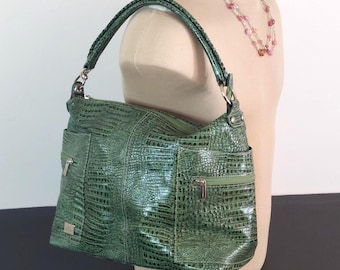 Santa Marinella Green Croc Embossed Leather Bag | Made in Brazil | Italian Design Hobo Purse