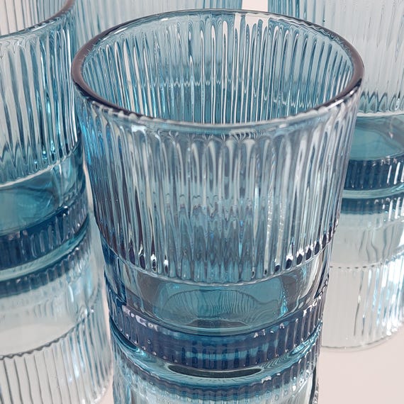 Blue Ribbed Double Old Fashioned Glasses 10oz Fluted Lowball Cocktail Tumblers Set of 4