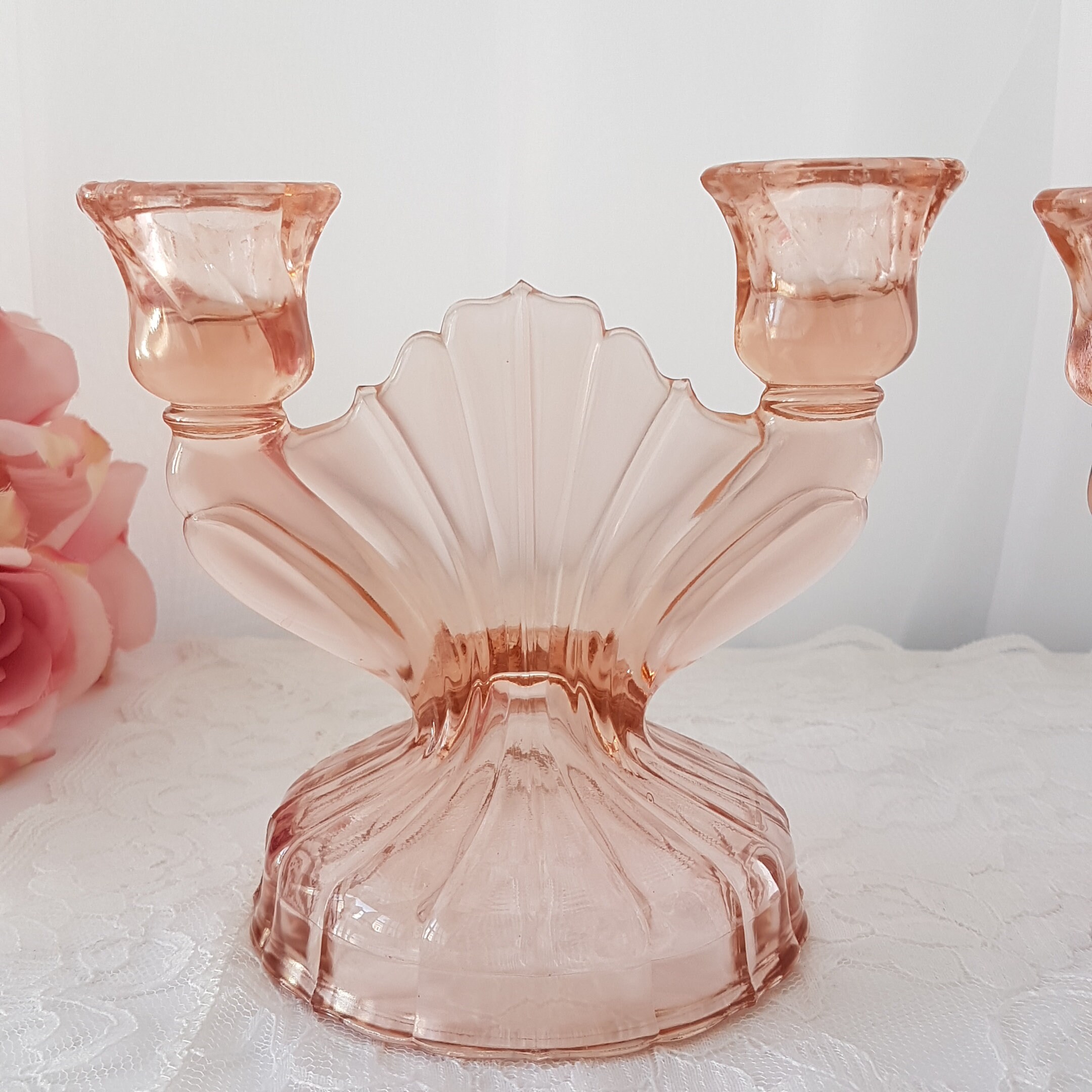 Vintage Candle Holder, PINK SWIRL by Glass, Pink Depression Glass