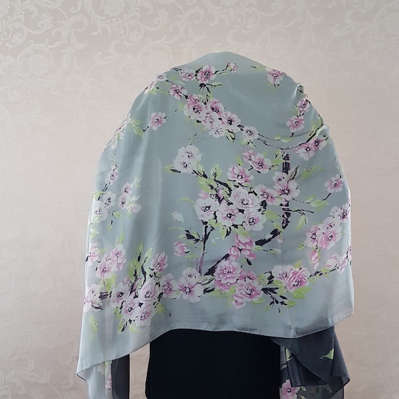 100% Silk Scarf, 70x35 inch Spring Cherry Blossom… - image 10