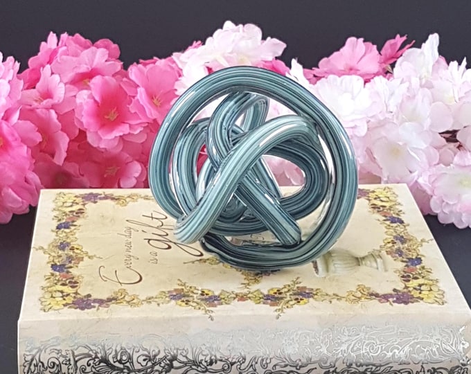 Vintage 4-inch Blue Abstract Glass Orb Infinity Knot Sculpture Paperweight - Unique Desk Decor