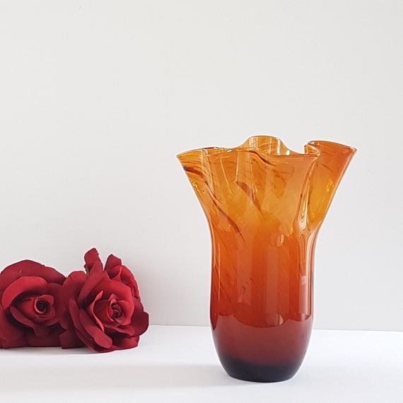 Swirled Amber Blown Glass Vase with Ruffled Edge, 10 Inch, MCM Home Decor