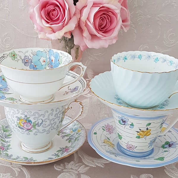 LOT of 4 Blue Floral Mismatched Tea Cups and Saucers, Bulk Vintage English Bone China, High Tea, Bridal Shower